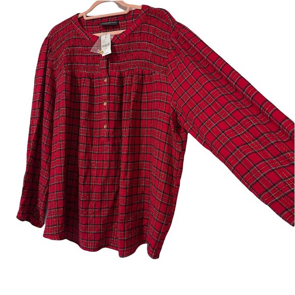 Lane Bryant Top Size 20 Red Gold Plaid Shimmer Sparkle Gauzy Blouse NWT - Picture 1 of 11